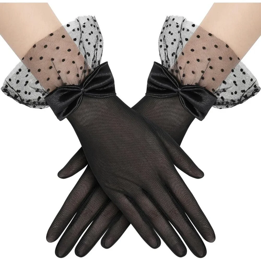 Women's Bow Gloves Black Short Lace Evening Wedding Accessories Party Prom